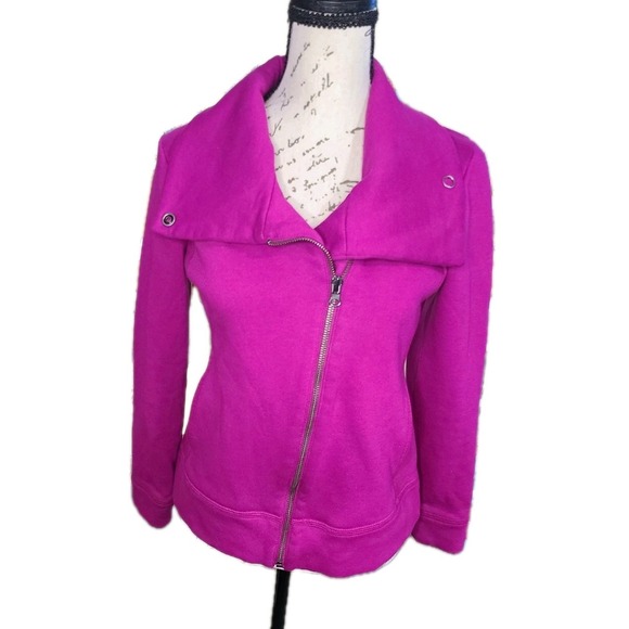Talbots Petite Asymmetrical Zip Magenta Fleece Funnel Neck Moto Jacket - Picture 2 of 8